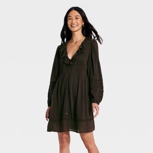 Women's Long Sleeve Ruffle Mini Dress - Universal Thread Brown L
